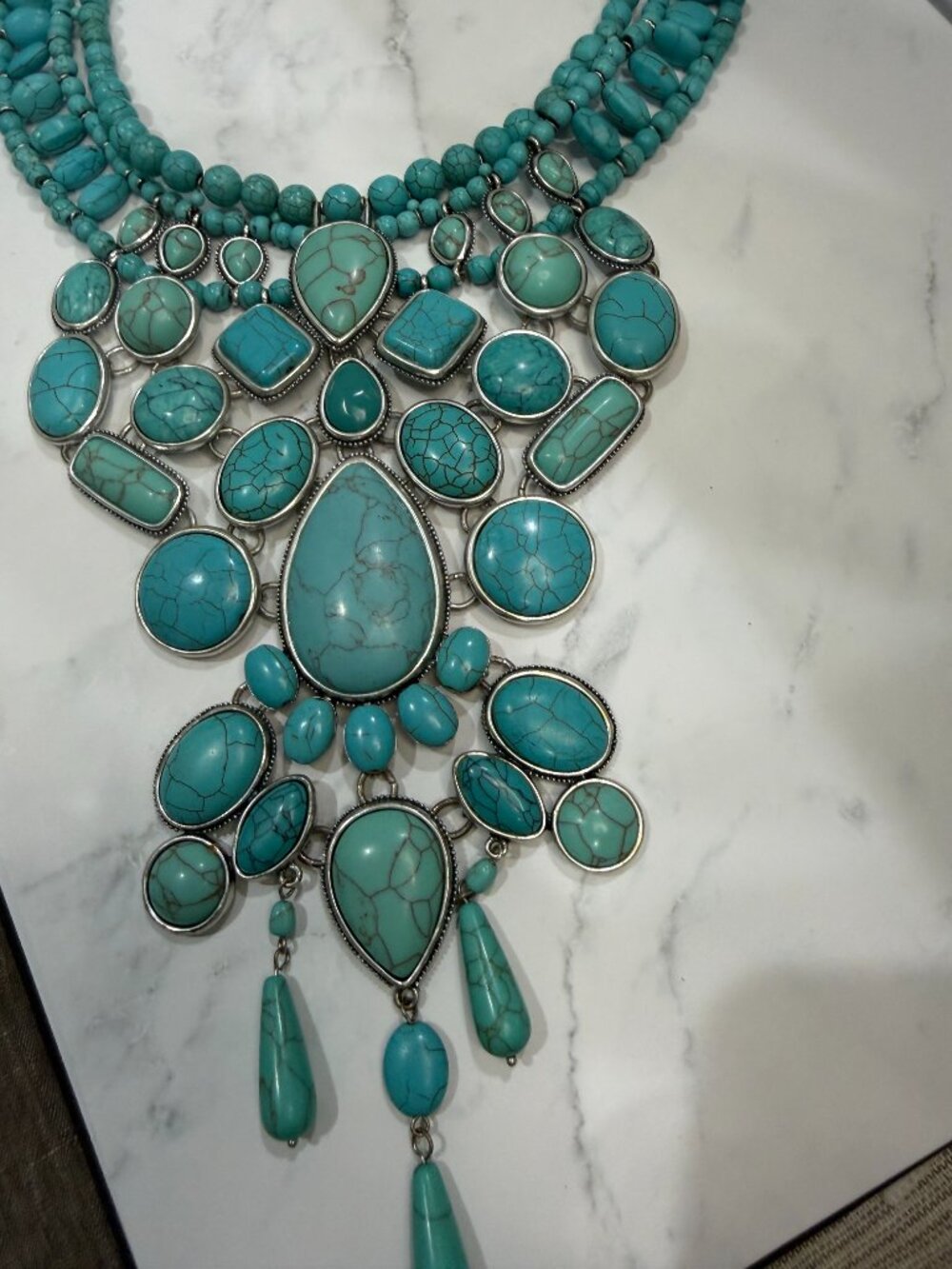 Chicos Collectibles Turquoise Stone Faux Matrix Multi Strand Bib Collar Necklace - Picture 4 of 10